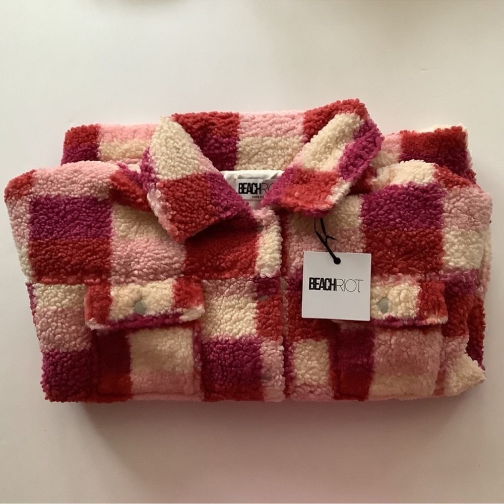 NWT Beach Riot Laurie Jacket Pink Berry Sangria Check Sherpa Button Up Sz M - Picture 4 of 11
